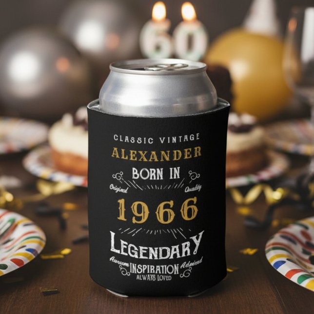 Personalized 60th Birthday 1966 Vintage Legendary Can Cooler (60th birthday legendary can cooler on a party table.)