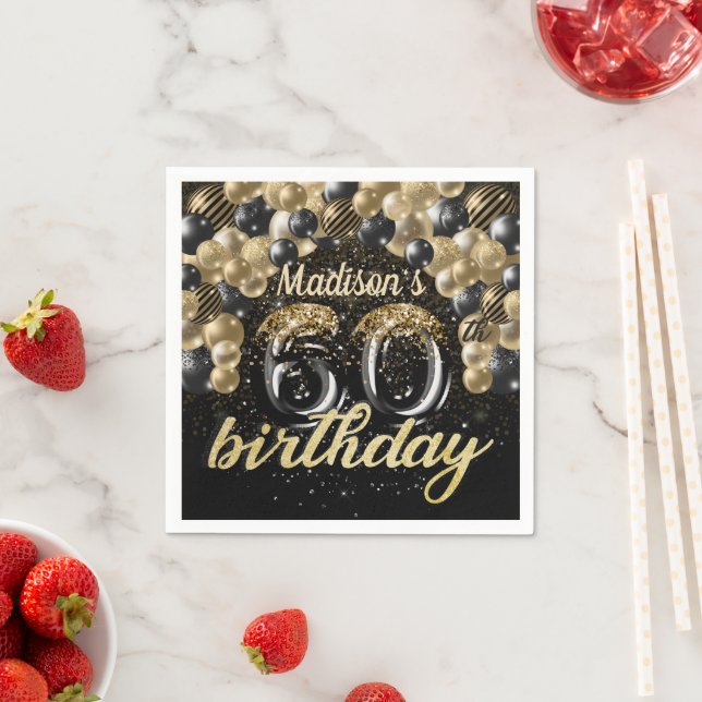 Personalized 60th Birthday Black Gold Balloon Napkins (Insitu)