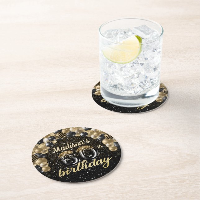 Personalized 60th Birthday Black Gold Round Paper Coaster (Insitu)