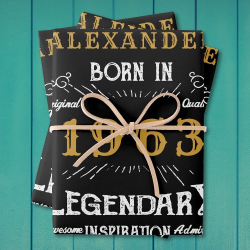 Personalized 60th Birthday Born 1963 Vintage Black Wrapping Paper Sheets