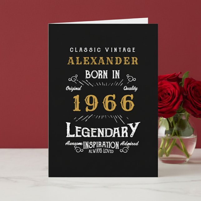Personalized 60th Birthday Born 1966 Vintage Black Card (Born 1966 birthday greeting card. Red and white background.)