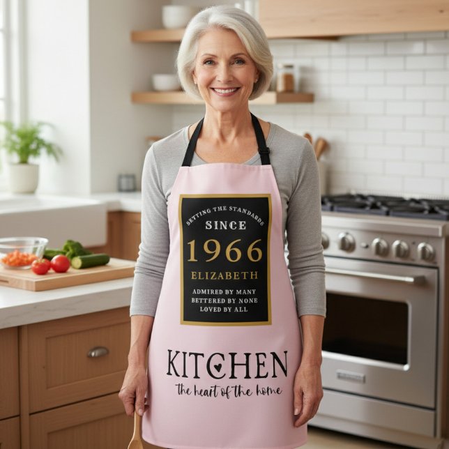 Personalized 60th Birthday Cook Chef Baker Pink Apron (1966 birthday apron worn in a kitchen.)