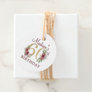 Personalized 60th Birthday Floral Burgundy Gold Favor Tags