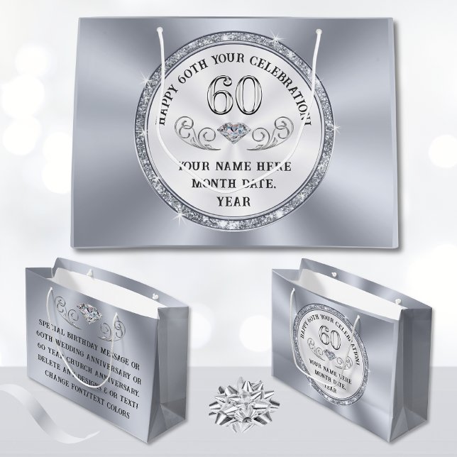 Personalized, 60th Birthday Gift Bag, Any Occasion Large Gift Bag (60th Gift Bag Ideas. 60th church anniversary ideas or 60th gift wrap, for any occasion. Gift Bags.)