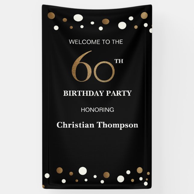 Personalized 60th Birthday Gold and black dots Banner (Vertical)