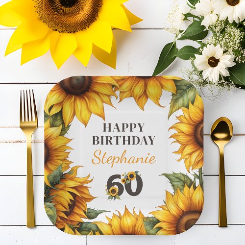 Personalized 60th Birthday Sunflower Paper Plates