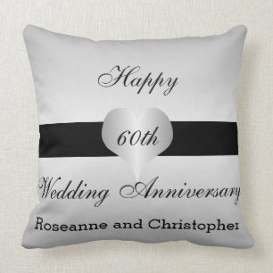 Personalized 60th Wedding Anniversary Silver Heart Throw Pillow
