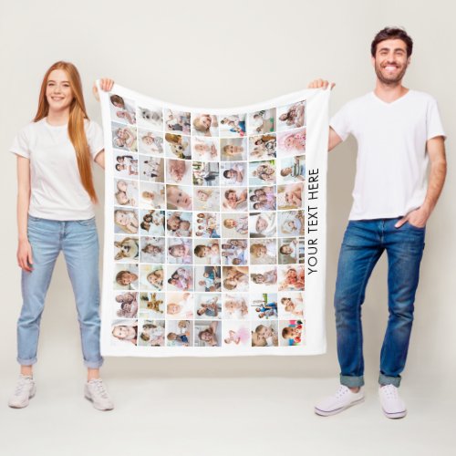 Personalized 63 Photo Collage Your Color Fleece Blanket - Create a photo memory keepsake blanket utilizing this photo collage template with 63 square pictures personalized with your custom text against an editable white background color.  CHANGES:  Change the background color and/or change the text font style, size, color or placement by clicking on EDIT USING DESIGN TOOL in the PERSONALIZE section. Makes a memorable gift for anyone or for a special occasion. ASSISTANCE:  For help with design modification or personalization, color change, resizing or transferring the design to another product, contact the designer BEFORE ORDERING via the Zazzle Chat MESSAGE tab or email makeitaboutyoustore@gmail.com.
