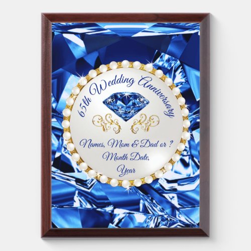 Personalized 65 year Wedding Anniversary Gift Award Plaque