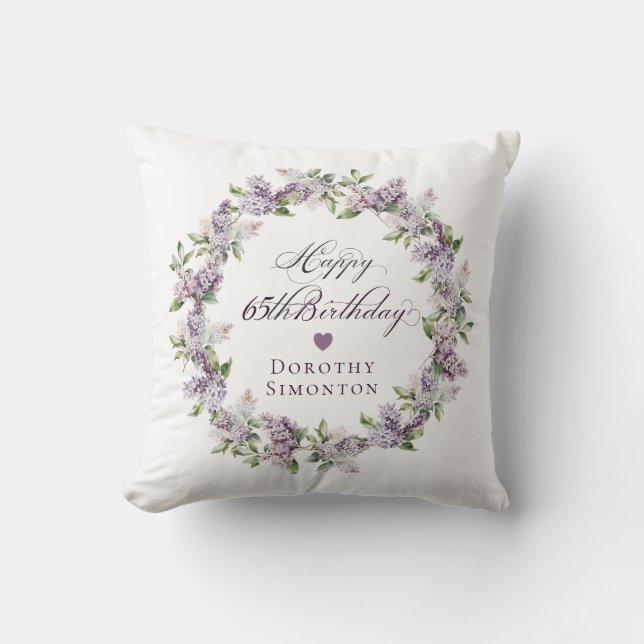 Personalized 65th Birthday Gift Purple Lilac Throw Pillow (Front)