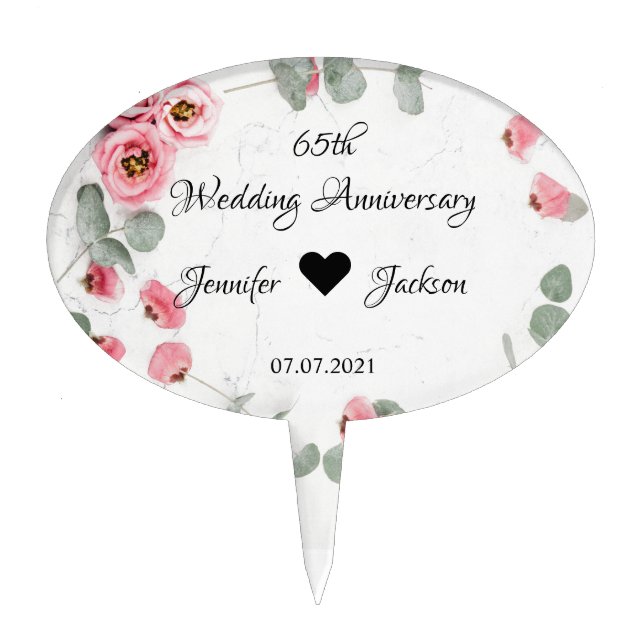 Personalized 65th Wedding Anniversary Floral     Cake Topper (Front)