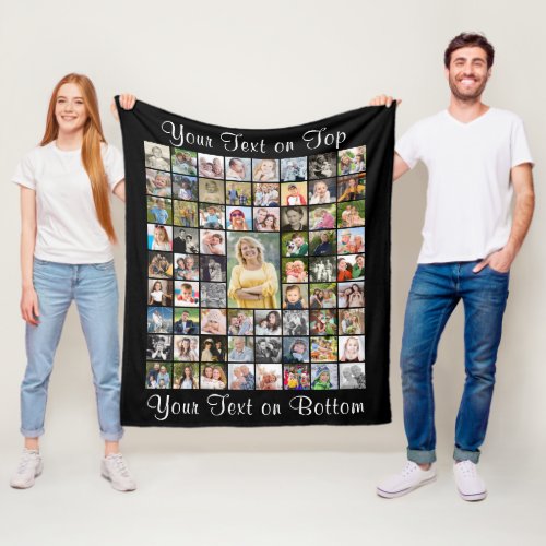 Personalized 67 Photo Collage Custom Color & Text Fleece Blanket - Create a photo memory keepsake blanket showcasing 67 pictures in an easy-to-use photo collage template and your custom text shown in a suggested white font against an editable black background. Makes a wonderful, memorable gift for commemorative occasions like a birthday, anniversary, graduation or retirement or a holiday gift of family memories for family members. CHANGES:  You can change the background color or text font style, size, color and placement by clicking on EDIT USING DESIGN TOOL in the PERSONALIZE section. ASSISTANCE:  For help with design modification or personalization, color change, resizing or transferring the design to another product, contact the designer BEFORE ORDERING via the Zazzle Chat MESSAGE tab or email at makeitaboutyoustore@gmail.com.