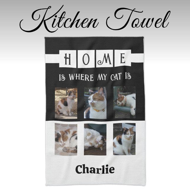Personalized 6 photo collage animal lover black kitchen towel (Creator Uploaded)