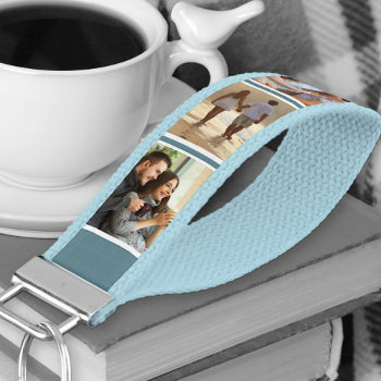 Personalized 6 Photo Collage Blue Stripe Wrist Keychain by darlingandmay at Zazzle