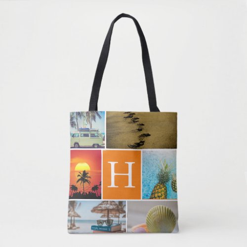 Personalized 6 Photo Collage Monogrammed Orange Tote Bag