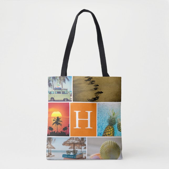 Personalized 6 Photo Collage Monogrammed Orange Tote Bag (Front)
