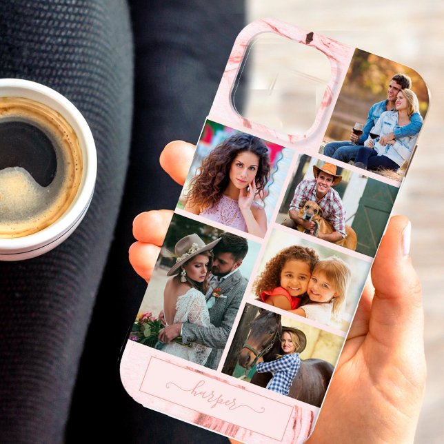 Personalized 6 Photo Collage on Pink Marble Case-Mate iPhone Case (Creator Uploaded)