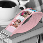 Personalized 6 Photo Collage Pastel Pink Stripe Wrist Keychain<br><div class="desc">Create a unique gift with your own photo collage on this useful pastel pink and white wrist keychain. The design features your favorite photos positioned vertically on a light pink and white stripe background. The template is set up ready for you to add up to 6 different images in a...</div>