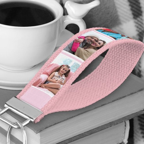 Personalized 6 Photo Collage Pastel Pink Stripe Wrist Keychain