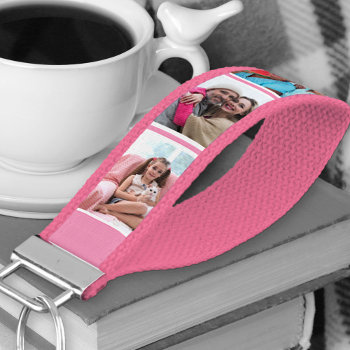Personalized 6 Photo Collage Pink Stripe Wrist Keychain by darlingandmay at Zazzle