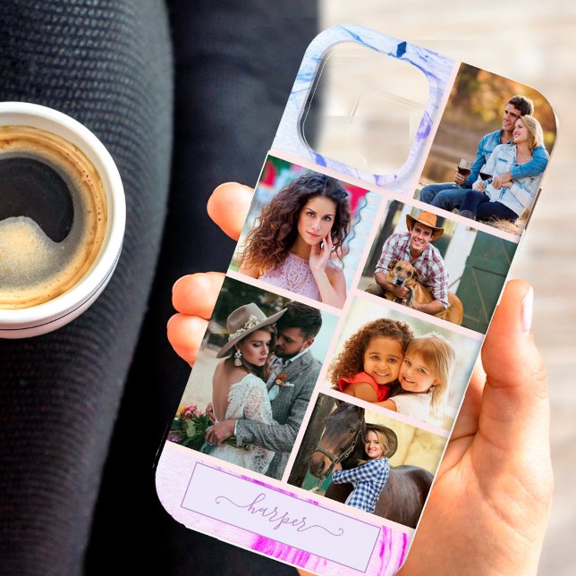 Personalized 6 Photo Collage Purple Pink Marble Case-Mate iPhone Case (Creator Uploaded)