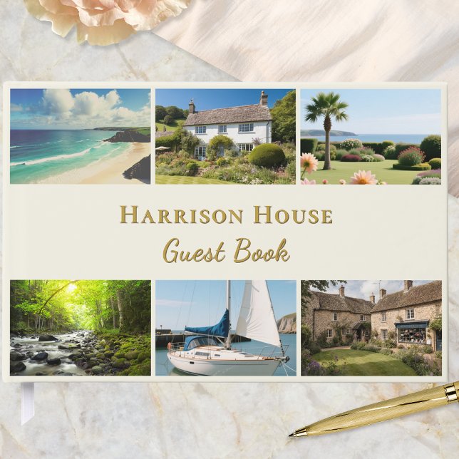 Personalized 6 Photo Home, Rental or Wedding Guest Book (A guest book in elegant cream and faux gold, customizable with 6 photos, title, and text on the back)