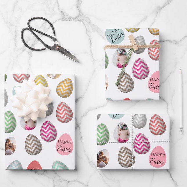 Personalized 6 Photo Pastel Easter Egg Pattern Wrapping Paper Sheets (Front)