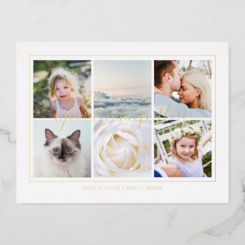 Personalized 6 photos Collage Calligraphy Foil Holiday Postcard