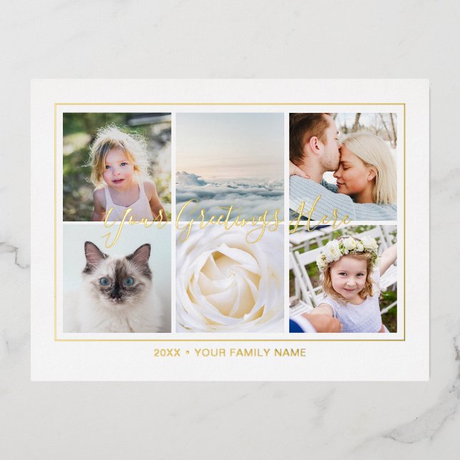 Personalized 6 photos Collage Calligraphy Foil Holiday Postcard (Front)