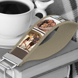 Personalized 6 Vertical Photo Collage Brown Stripe Wrist Keychain
