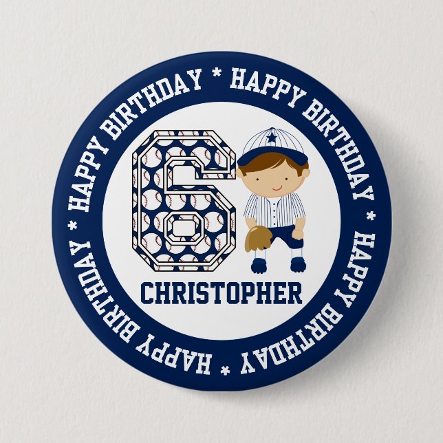 Personalized 6th Birthday Baseball Catcher BW Button (Front)