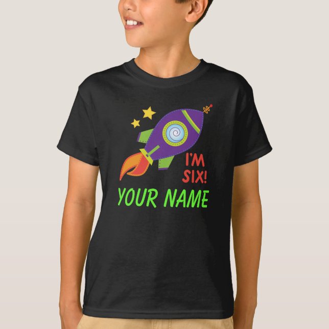 Personalized 6th Birthday Rocketship Tee Shirt (Front)
