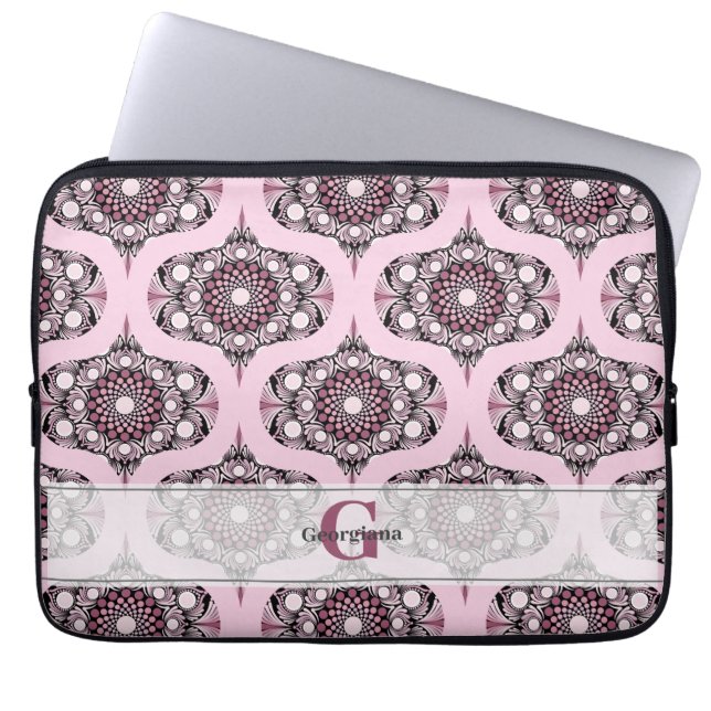 Personalized 70s Dusky Rose Cherry Blossom Mandala Laptop Sleeve (Front)