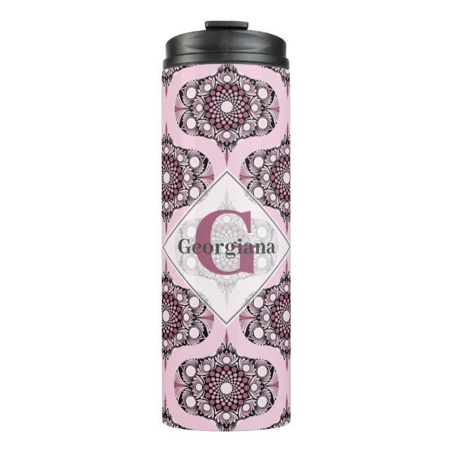 Personalized 70s Dusky Rose Cherry Blossom Mandala Thermal Tumbler (Front)
