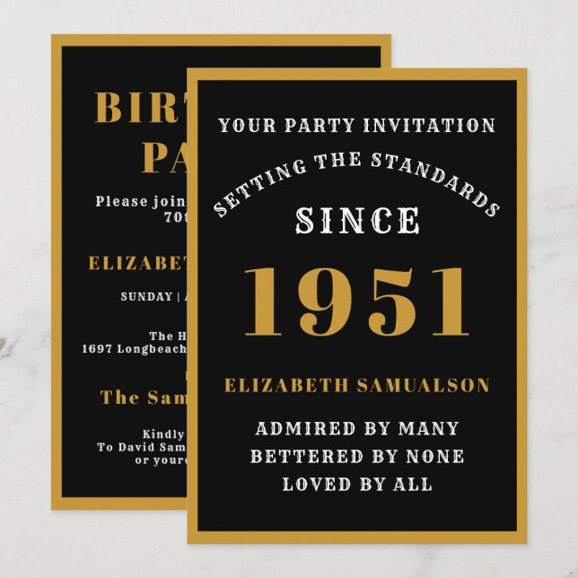Personalized 70th Birthday 1951 Elegant Black Gold Invitation (Front/Back)