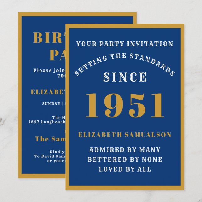 Personalized 70th Birthday 1951 Elegant Blue Gold Invitation (Front/Back)