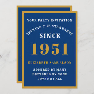 Personalized 70th Birthday 1951 Elegant Blue Gold Invitation