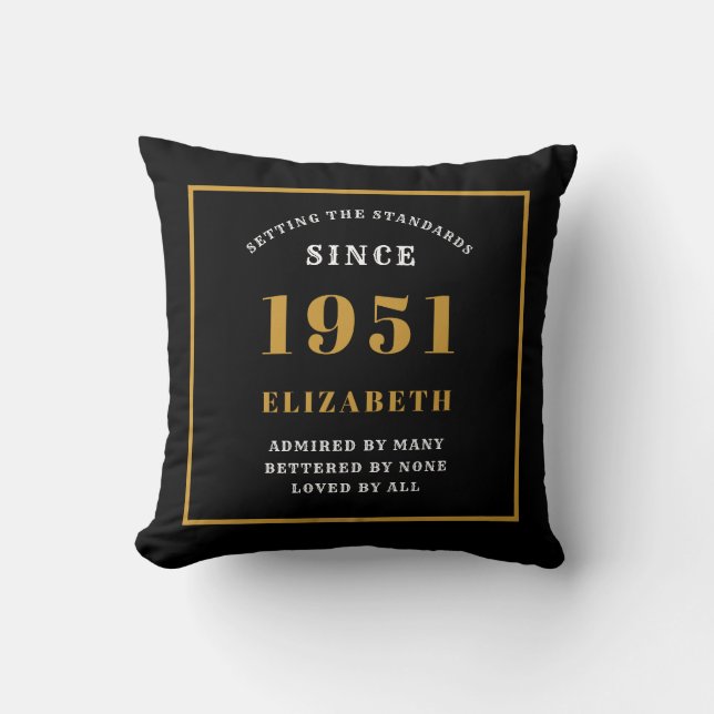 Personalized 70th Birthday 1951 Elegant Chic Black Throw Pillow (Front)