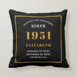 Personalized 70th Birthday 1951 Elegant Chic Black Throw Pillow<br><div class="desc">For those born in 1951 and celebrating their 70th birthday we have the ideal surprise birthday party throw pillow gift. The black background with a white and gold design is simple and yet elegant. Easily customize the text to the front and the interior of these party supplies using the template...</div>