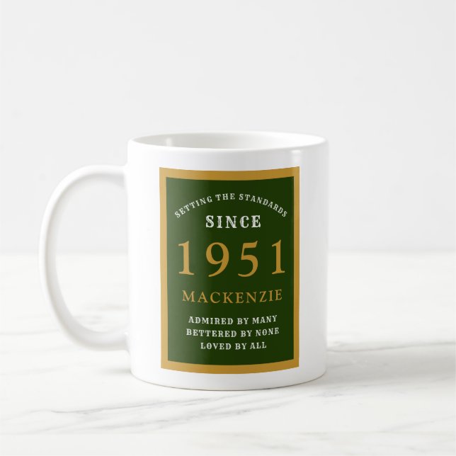 Personalized 70th Birthday 1951 Elegant Green Gold Coffee Mug (Left)
