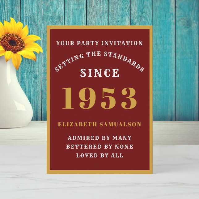 Personalized 70th Birthday 1953 Elegant Red Gold Invitation (Creator Uploaded)