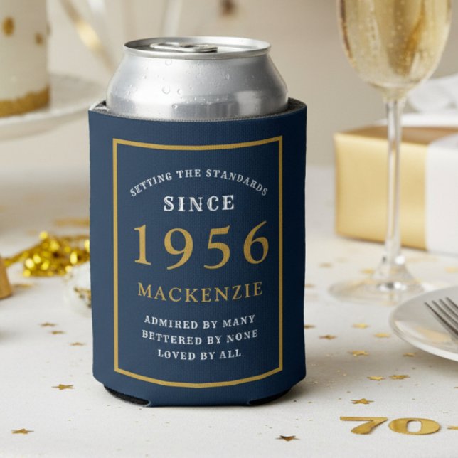 Personalized 70th Birthday 1956 Elegant Blue Gold Can Cooler (1956 blue can cooler. White background.)