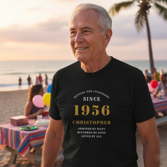 Personalized 70th Birthday 1956 Name Black Gold T-Shirt (70th birthday black tshirt worn at the beach.)