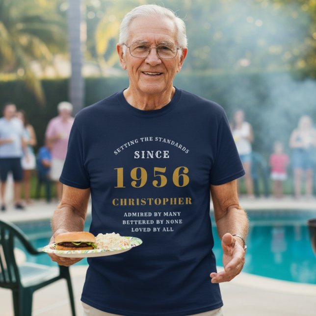 Personalized 70th Birthday 1956 Name Blue Gold T-Shirt (1956 mens birthday tshirt worn beside a pool.)