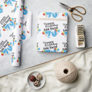 Personalized 70th Birthday Add Name Blue Wrapping Paper