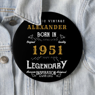Personalized 70th Birthday Born 1951 Vintage Black Button