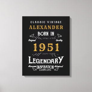 Personalized 70th Birthday Born 1951 Vintage Black Canvas Print