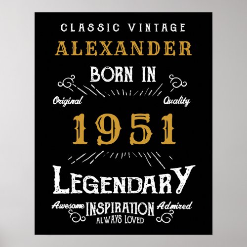 Personalized 70th Birthday Born 1951 Vintage Black Poster