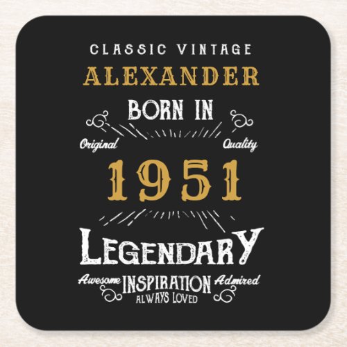 Personalized 70th Birthday Born 1951 Vintage Black Square Paper Coaster