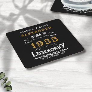 Personalized 70th Birthday Born 1955 Vintage Black Square Paper Coaster